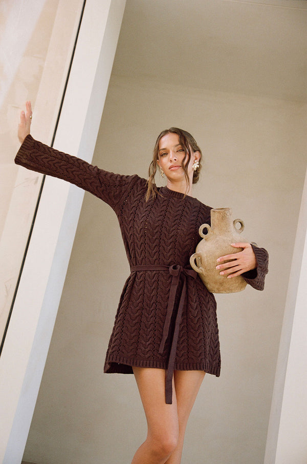 Brown Cable Knit Long Sleeve Tie Mini Sophie Dress