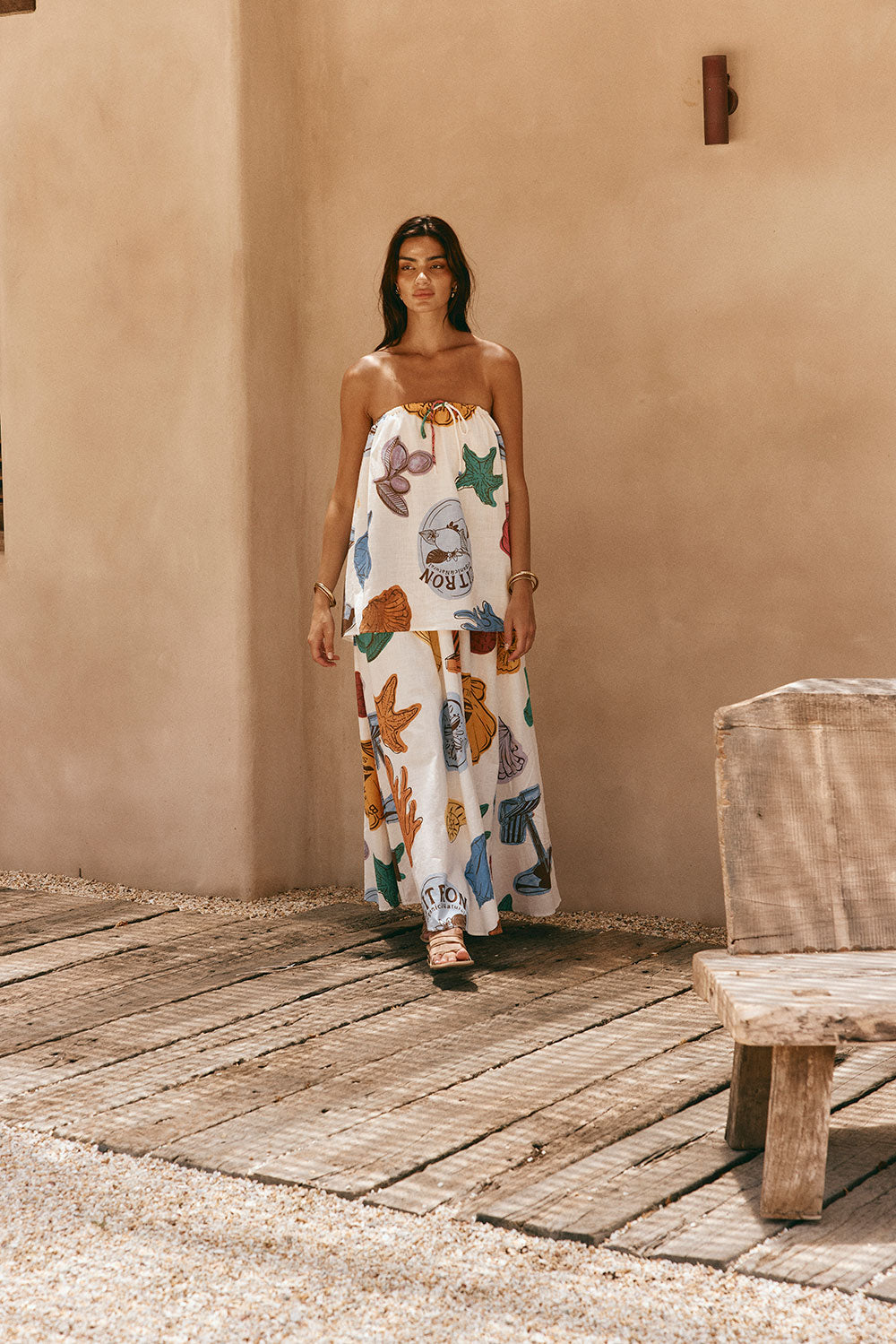White Shell By The Sea Print Strapless Maxi Toria Dress