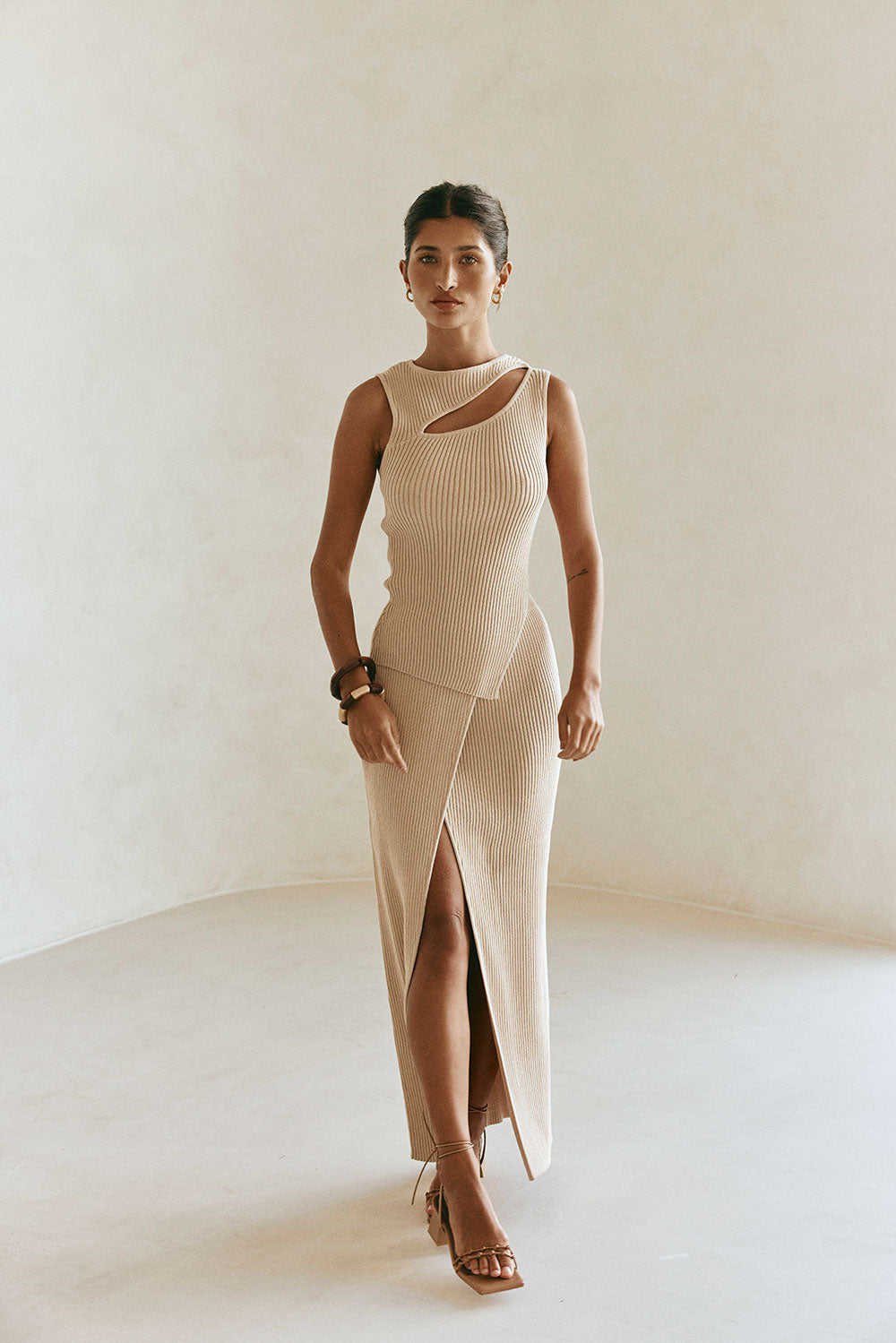 Tan Knit Asymmetric Cutout Side Split Indie Top