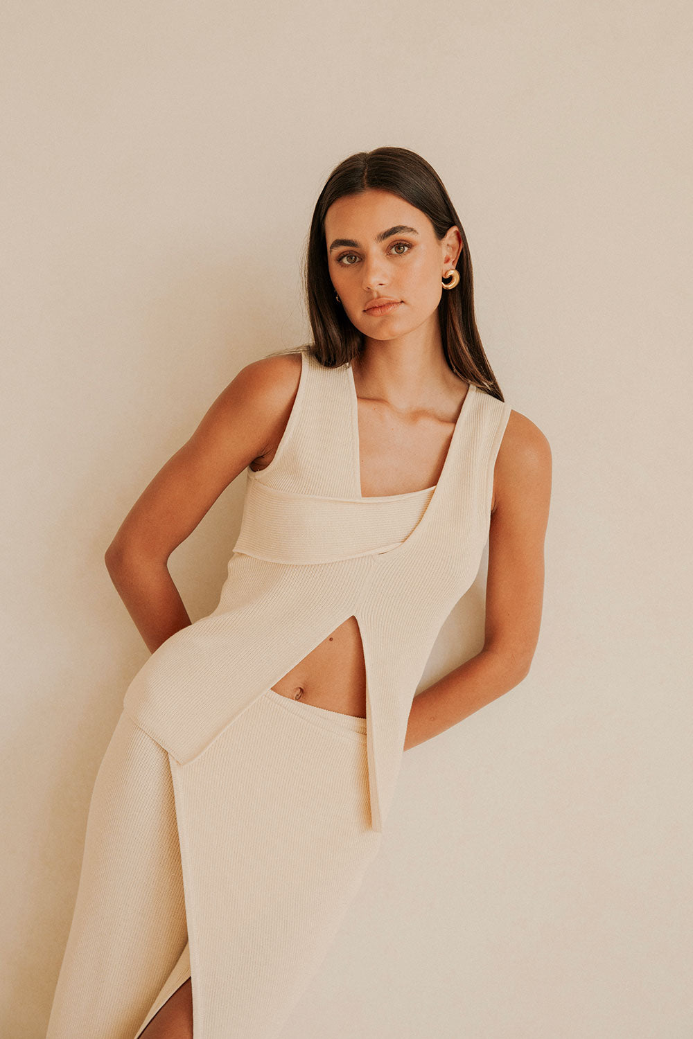 Cream Knit Asymmetric Split Bridget Top