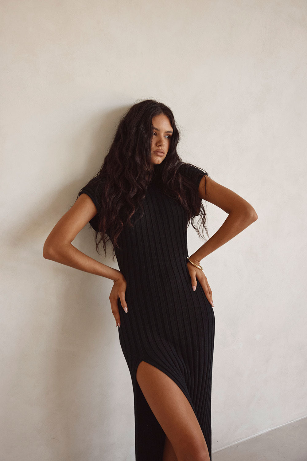 Black High Neck Short Sleeve Split Maxi Gemini Dress