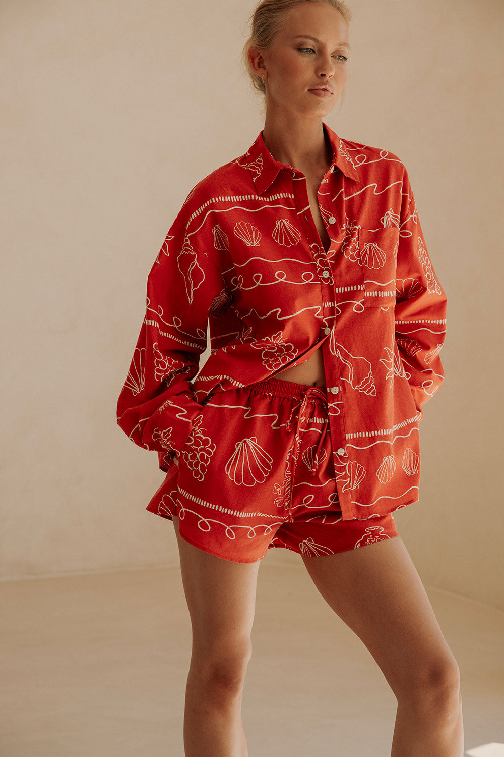 Red Linen Blend High Waist Drawstring Zuli Shorts