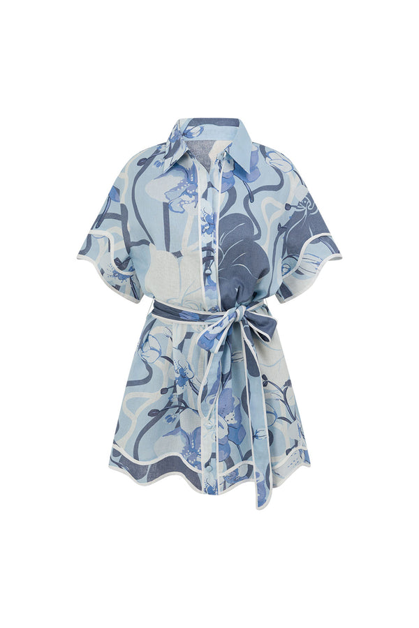 Blue Bouquet Blu Print Button Up Mini Daria Dress