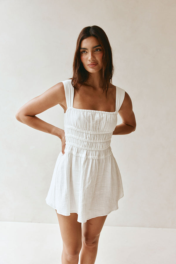 Bessi Thick Strap Elasticated Ruched Mini Dress - White