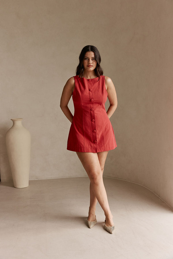 Cherry Red Button A Line Mini Graylee Dress