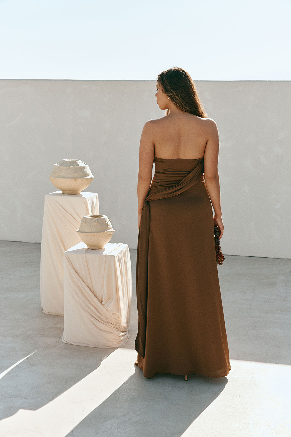Chocolate Brown Silky Strapless Maxi Eclair Dress