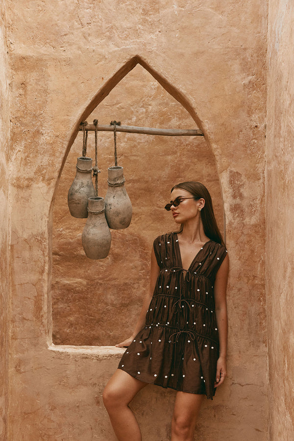 Chocolate Speck Polka Dot Gathered Mini Joslin Dress