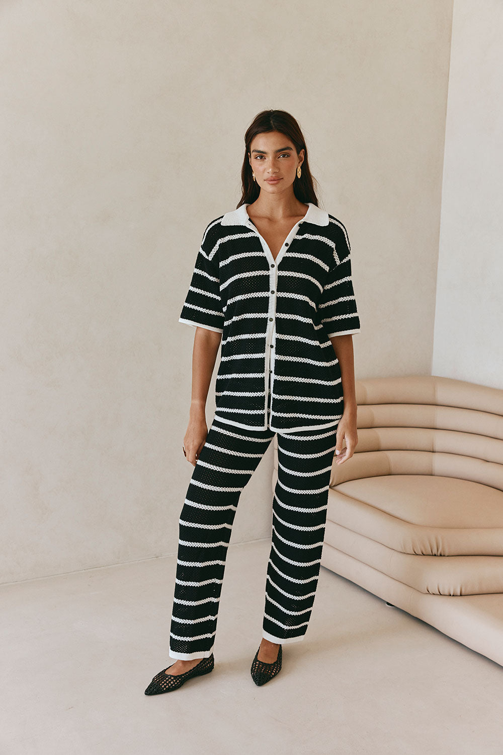 Black And White Stripe Knit Button Up Collar Mia Top – SABO
