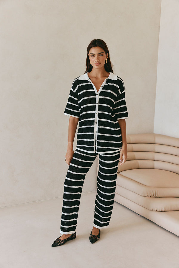 Black And White Stripe Knit Button Up Collar Mia Top