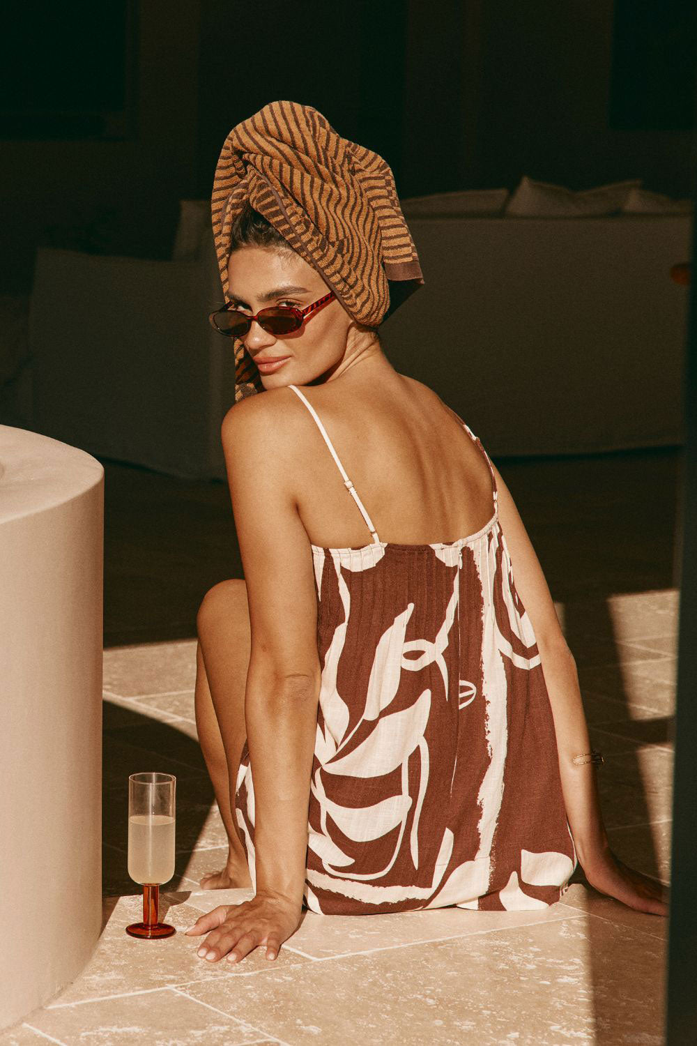 Brown and Cream Painted Tiles Print Strappy River Playsuit