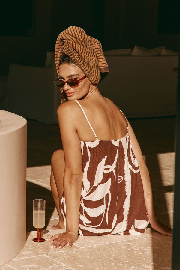 Brown and Cream Painted Tiles Print Strappy River Playsuit