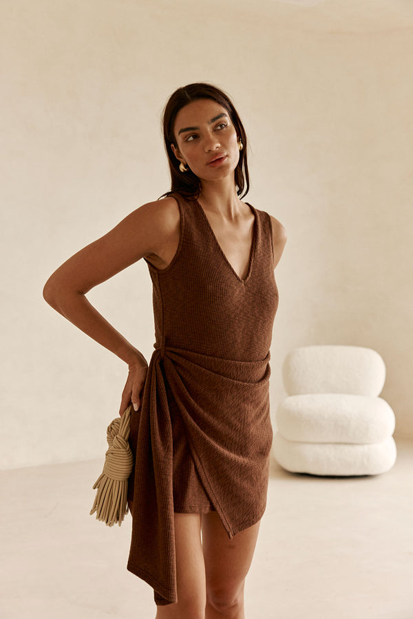 Brown Ribbed V-Neck Wrap Mini Oliana Dress