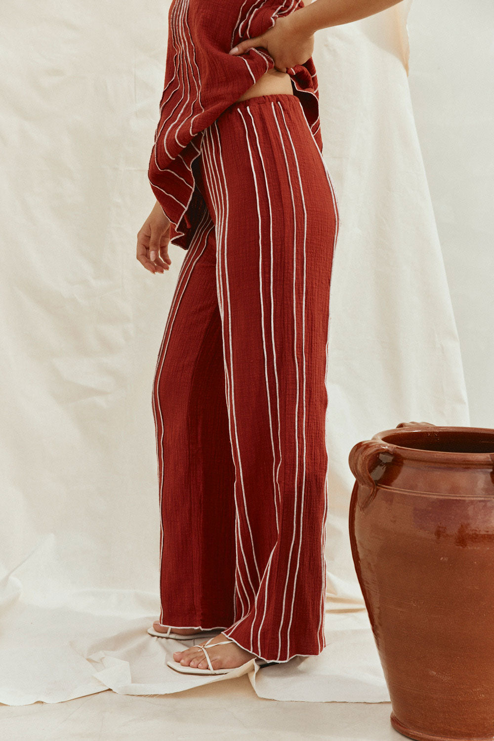 Merlot Red Cotton Elastic Drawstring Emilia Pants