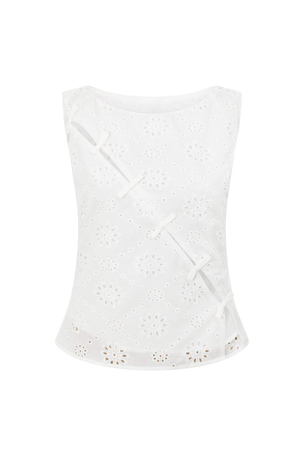 White Broderie Boat Neck Bow Freya Top