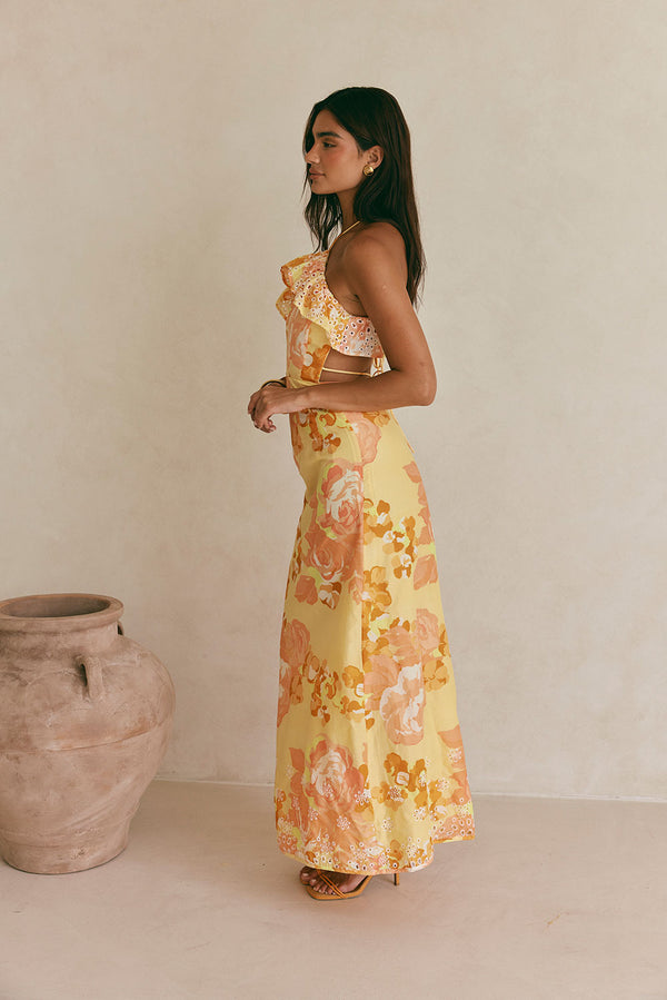Alexa Backless Halterneck Maxi Dress - Orange, Yellow, White Breeze Floral Print, Tropical