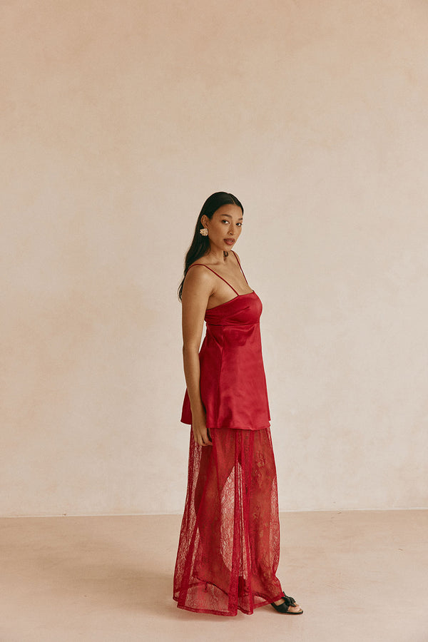 Red Silky Lace Strappy Maxi Dove Dress