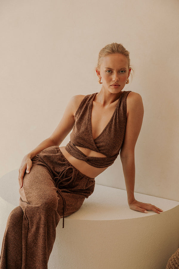 Brown Plunge V Neck Cutout Wrap Crop Sierra Top