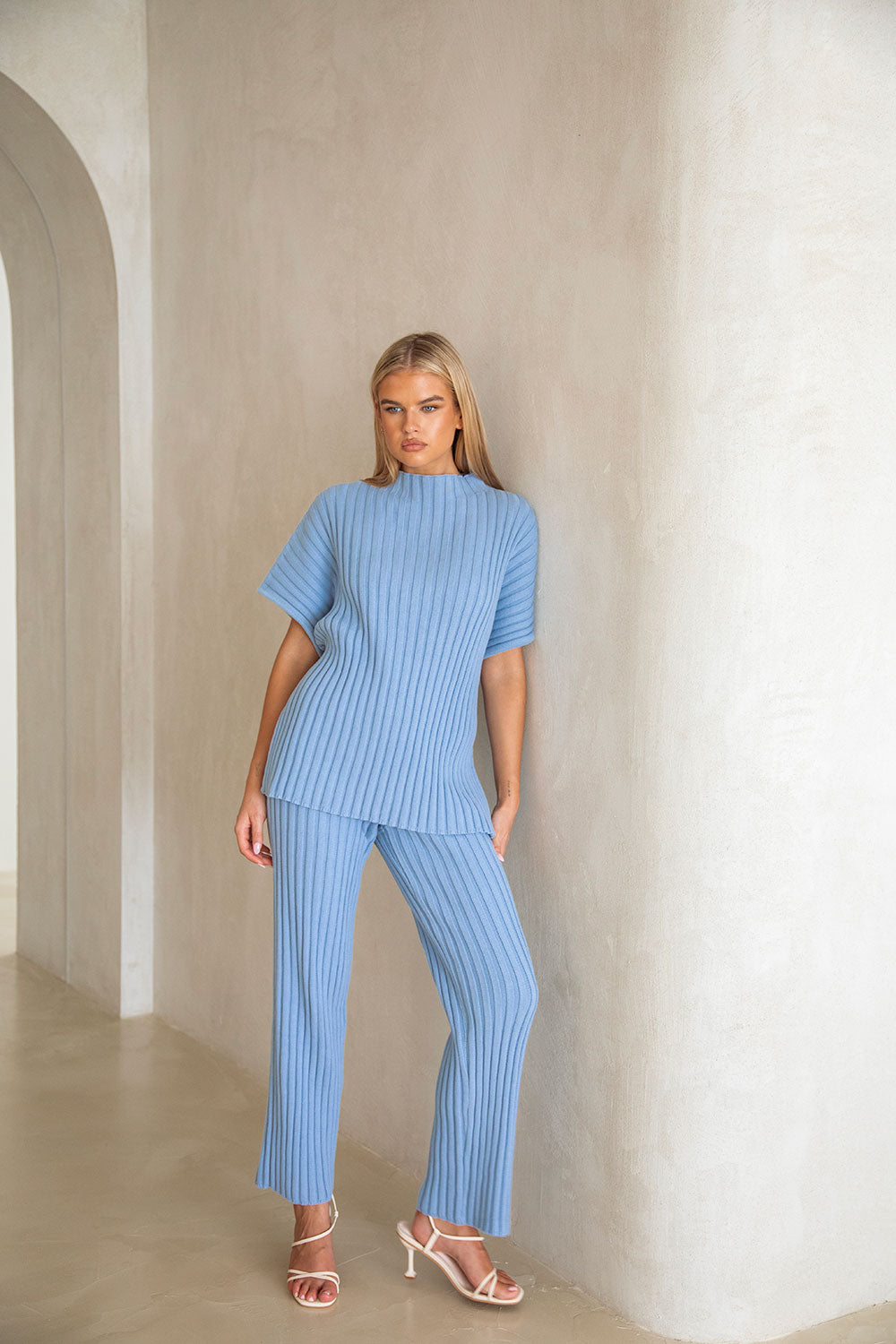 Blue Ribbed Knit High Waist Elastic Celine Pants