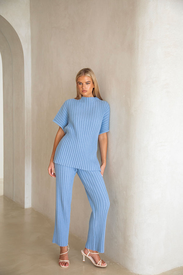 Blue Ribbed Knit High Waist Elastic Celine Pants