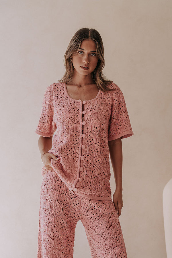 Blush Pink Crochet Knit Button Up Umiko Top