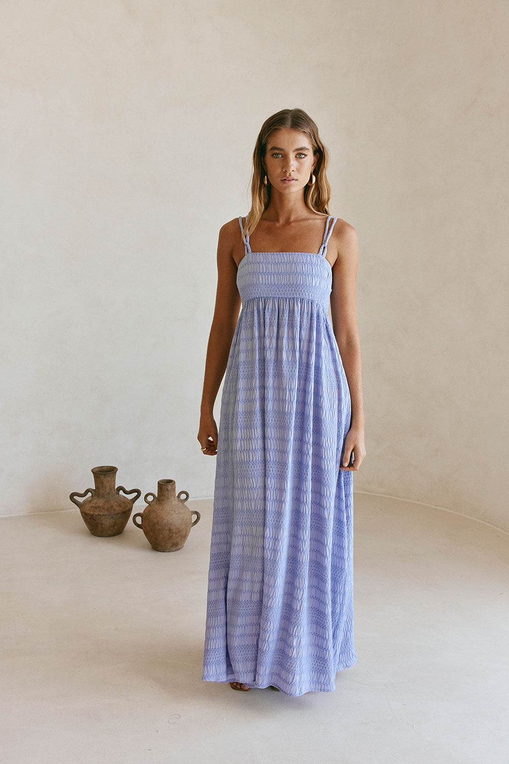 Blue Strappy Gathered Empire Maxi Cataleya Dress