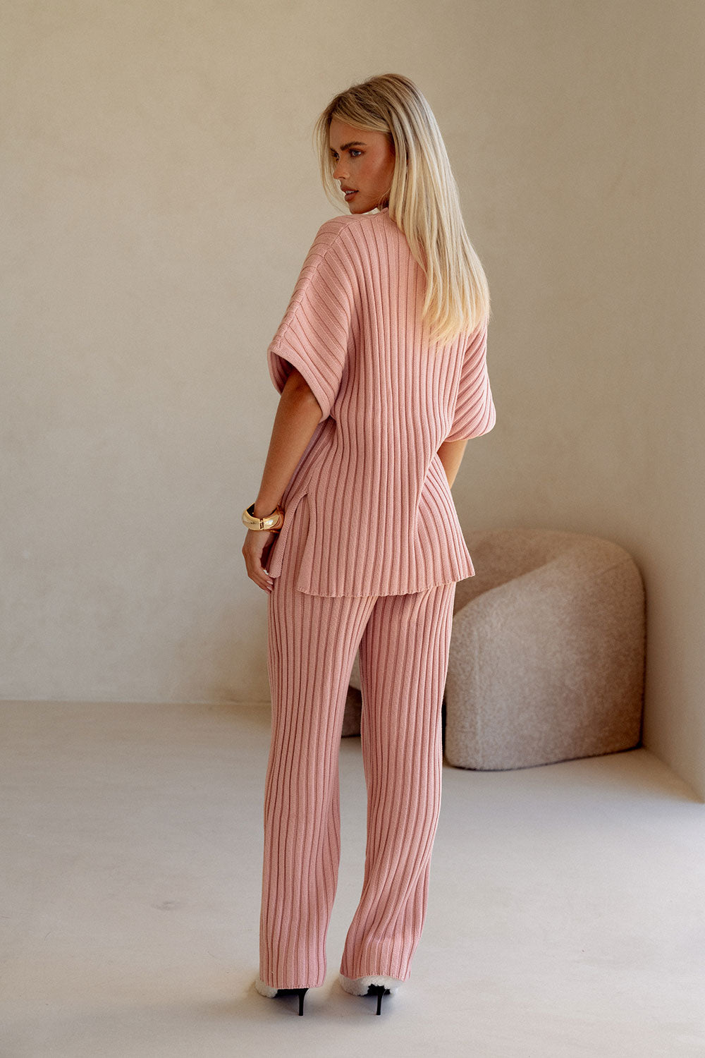 Blush Pink Ribbed Knit High Waist Celine Pants
