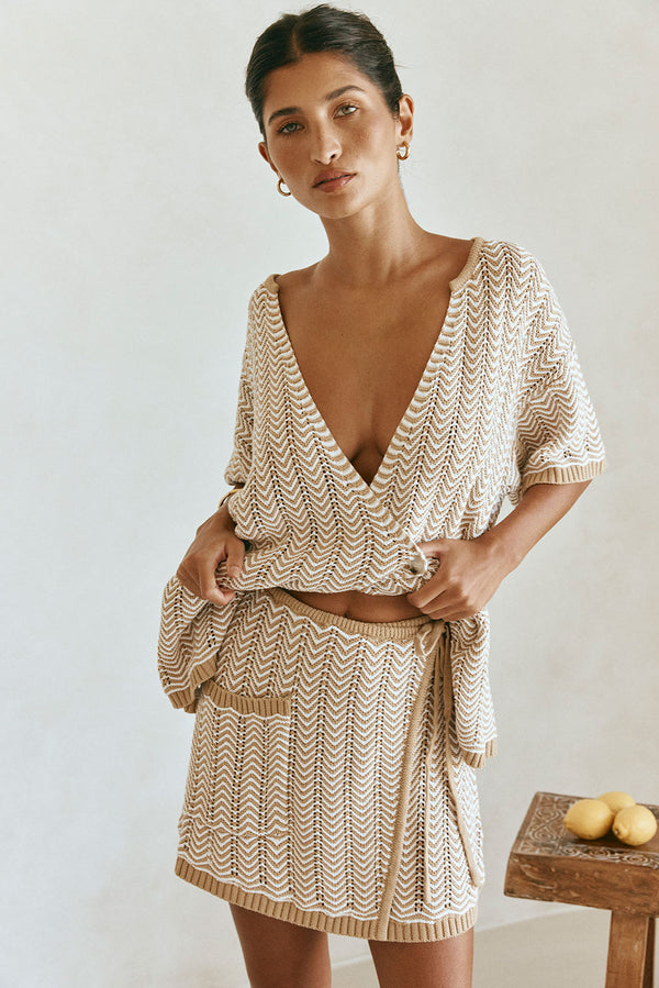 Tan Drawstring Wrap Mini Reims Skirt