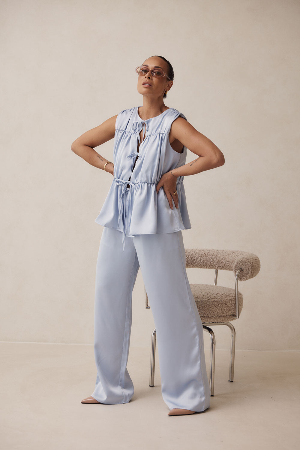 Blue Elastic Drawstring Pocket Juliette Pants