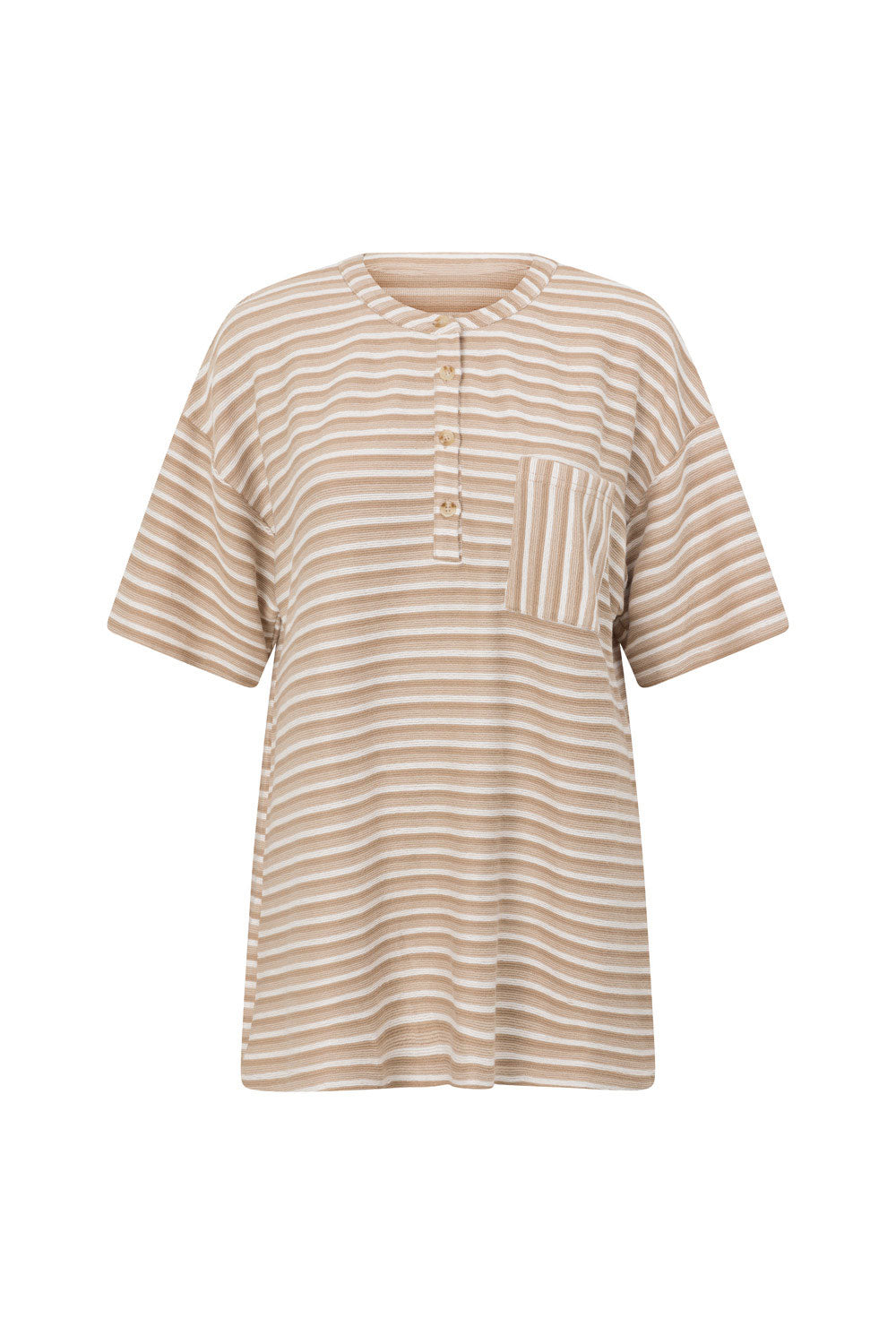 Tan Textured Short Sleeve Button Detail Rhi Top