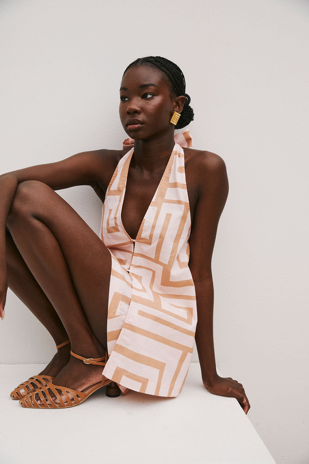 Pink Hellenic Maze Backless V-Neck Halter Mini Alora Dress SABO Pink Hellenic Maze Backless V-Neck Halter Mini Alora Dress SABO