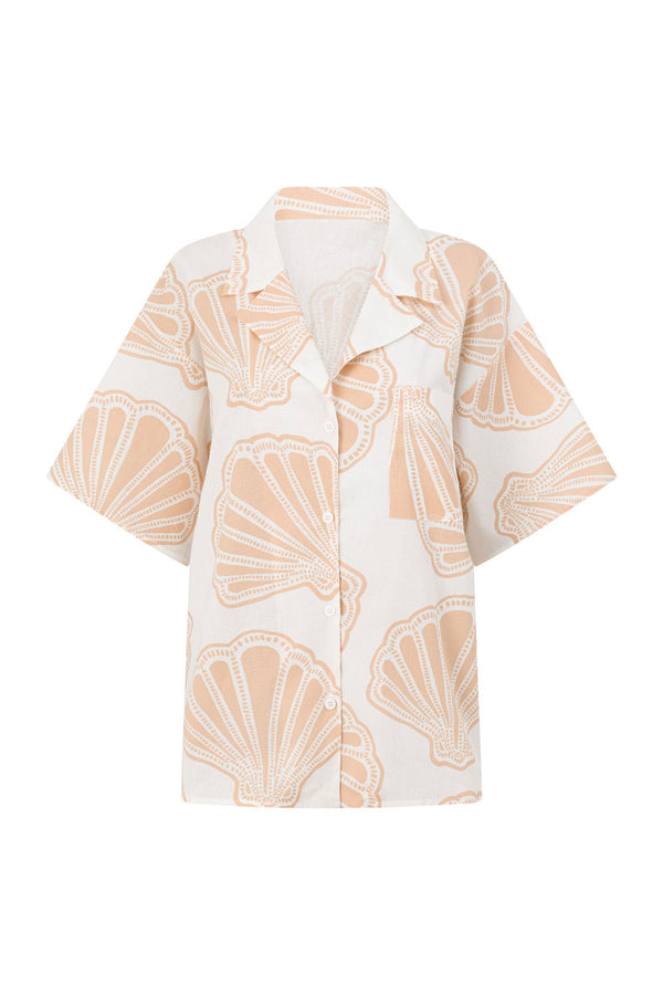 White Coastal Shell Button Up Collar Celestia Top