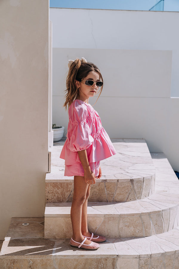 Pink Ruched Puff Sleeve Bikkie Mini Top