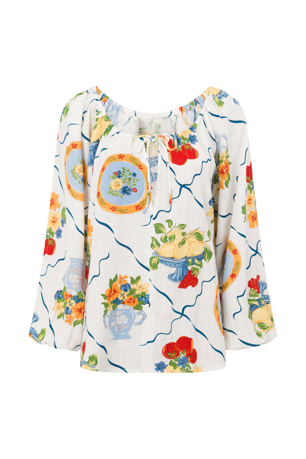 White Trattoria Print Drawstring Long Sleeve Amorina Top