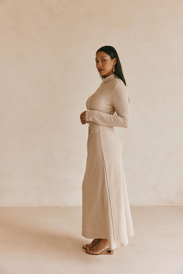Beige High Neck Long Sleeve Fitted Maxi Simone Dress