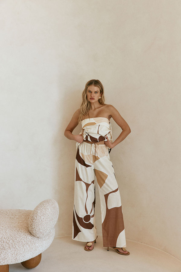 Brown Sable Floral Print Drawstring Monroe Pants