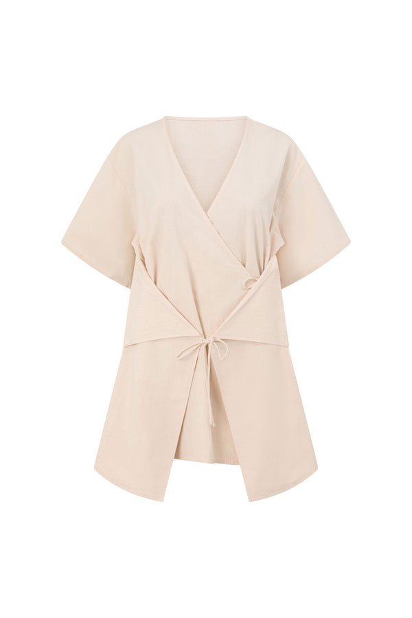 Beige Short Sleeve Wrap Mini Harper Dress