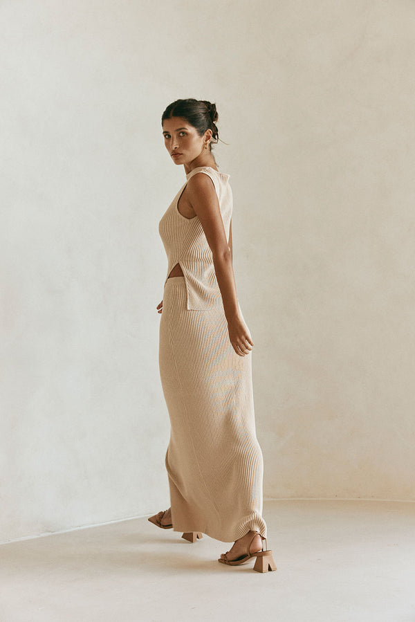 Tan Knit Asymmetric Cutout Side Split Indie Top