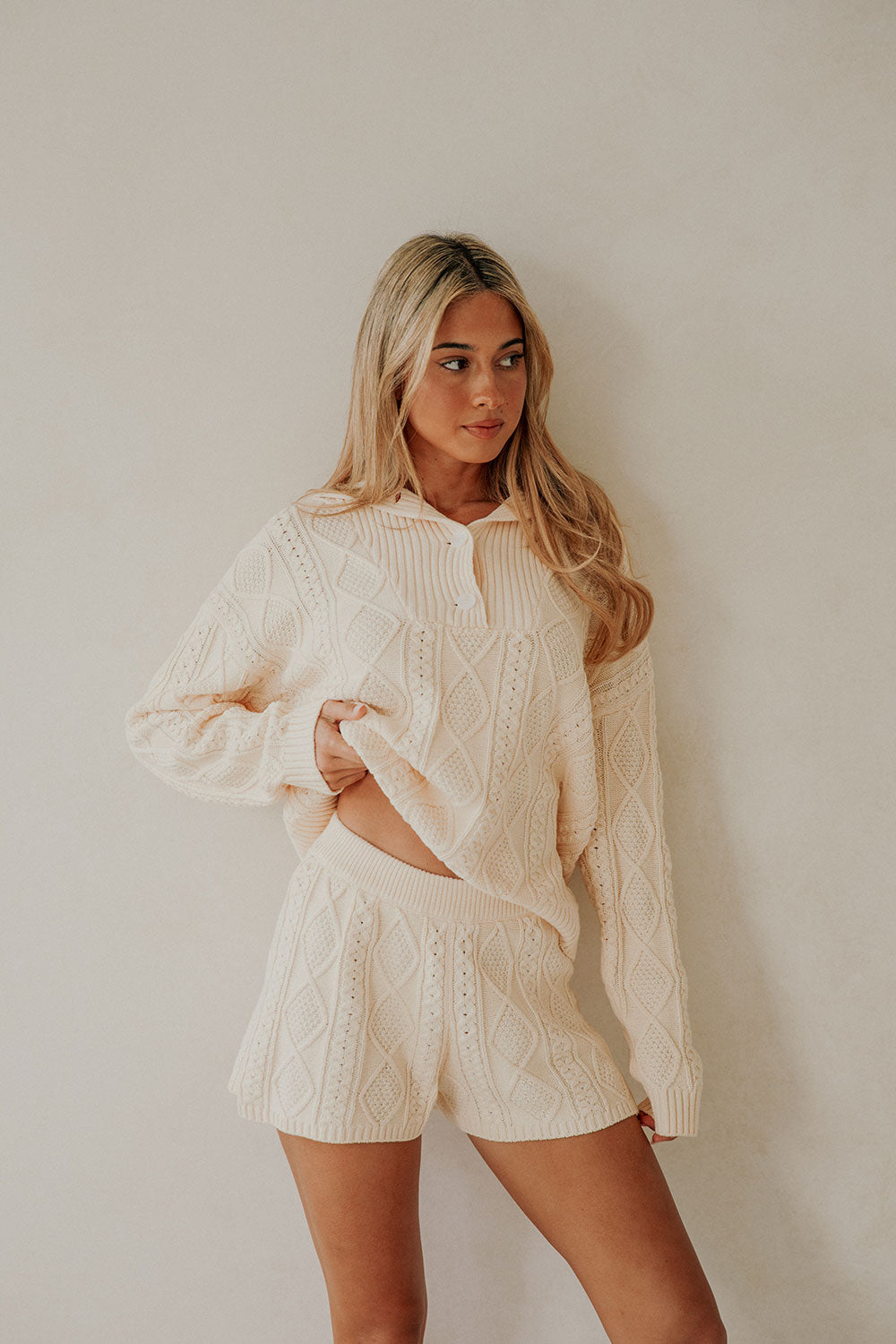 Cream Cable Knit High Waist Holli Shorts