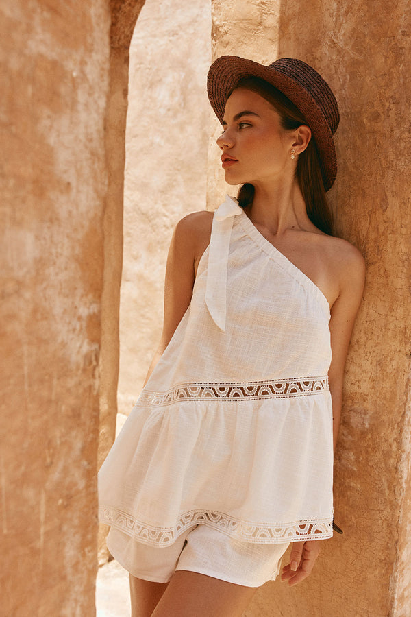 White Cotton One Shoulder Stella Top