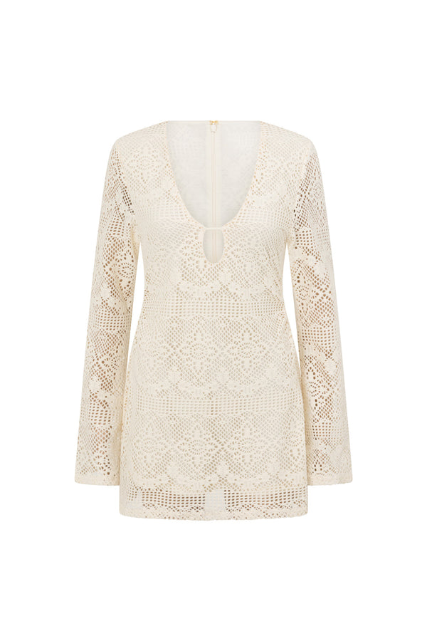 White Lace Long Sleeve V Neck Mini Wren Dress