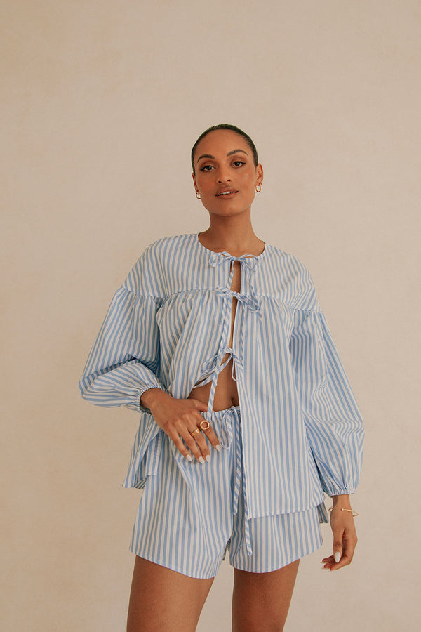 Blue And White Stripe Drawstring Pennie Shorts