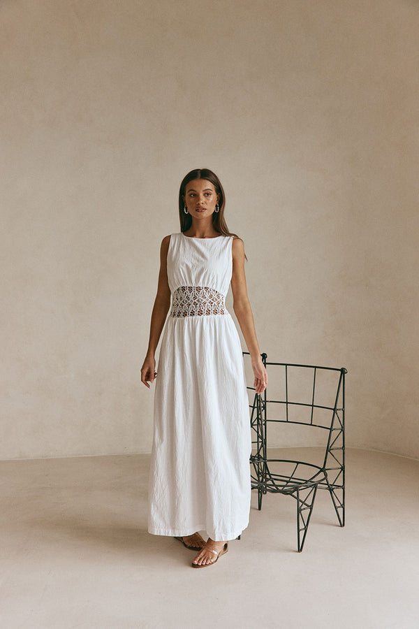 White Cotton Lace Gathered Maxi Cora Dress