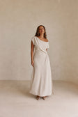 Beige Off Shoulder Ruched Maxi Juno Dress
