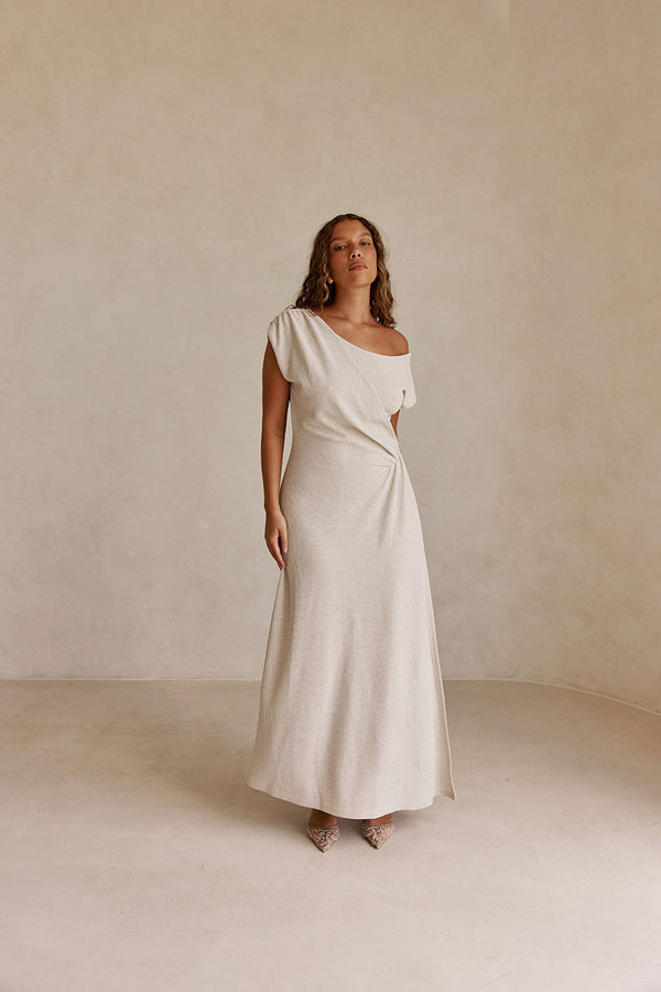 Beige Off Shoulder Ruched Maxi Juno Dress