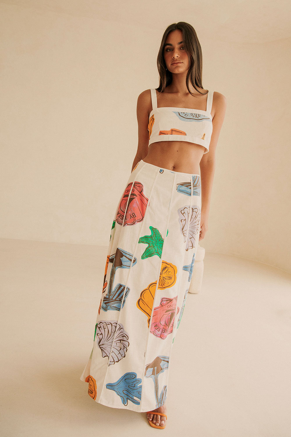 Audrey Panelled  Maxi Skirt - By The Sea Print White, Blue, Orange, Yellow, Pink, Green, Tropical