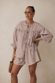 Pennie Long Sleeve Tie Top - Brown, White Stripe