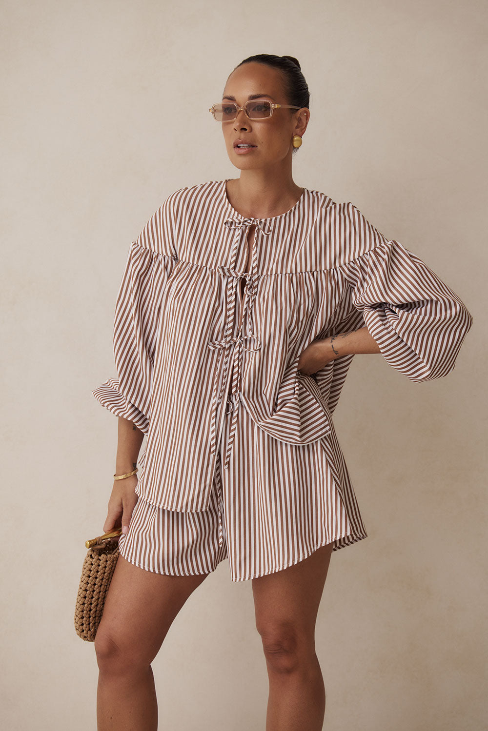 Pennie Long Sleeve Tie Top - Brown, White Stripe