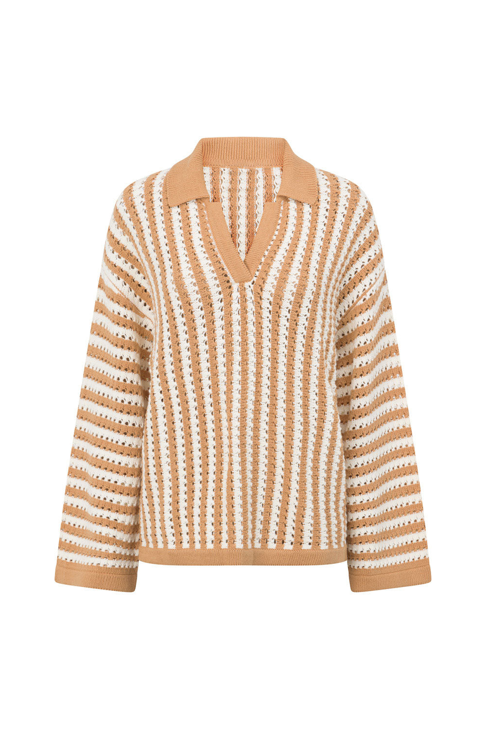 Bryn Stripe Long Sleeve Collared Knit Top - Orange, White