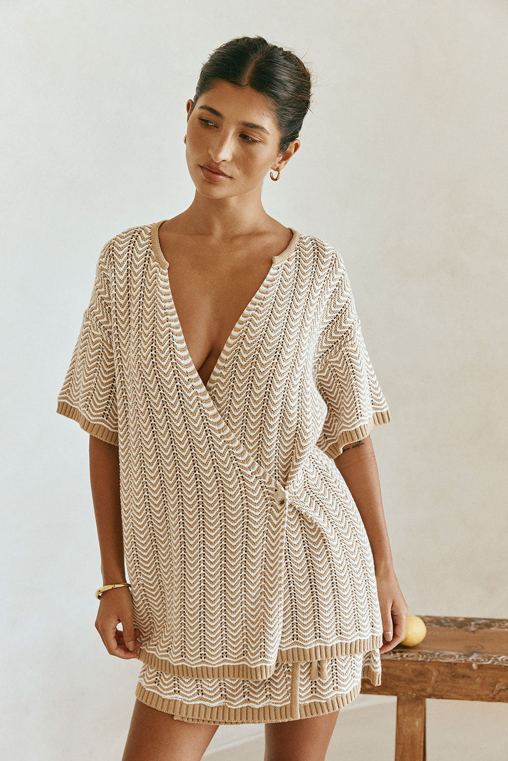 Tan Short Sleeve Button Reims Top