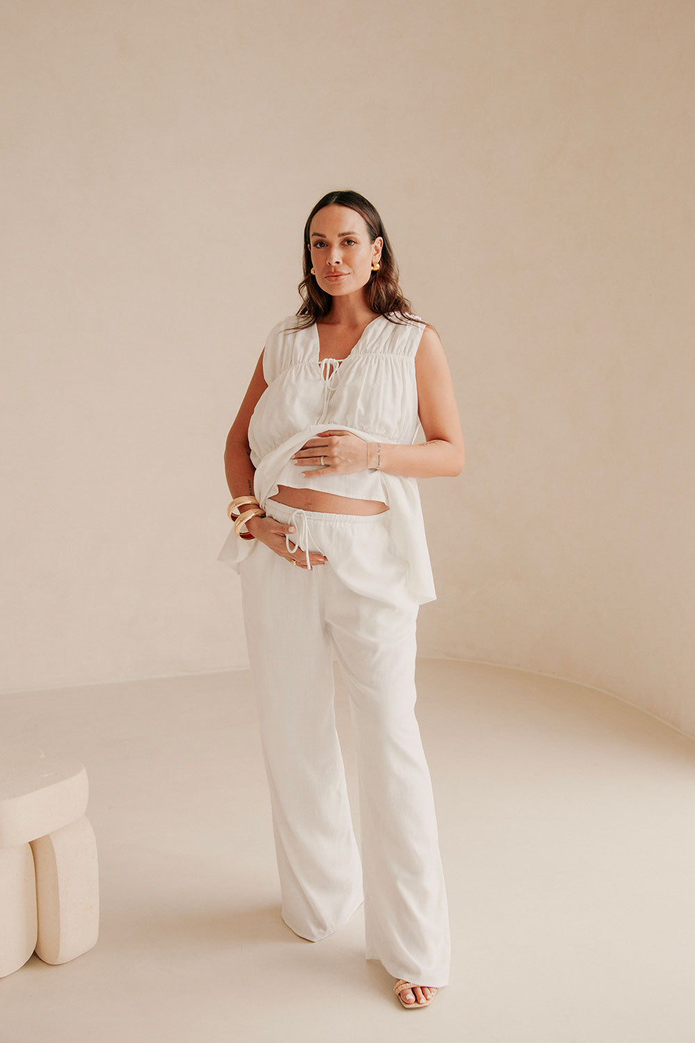 White Linen Elastic Drawstring Pocket Brisa Pants